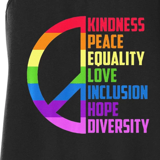 Kindness Peace Equality Love Inclusion Hope Diversity Women's Racerback Tank