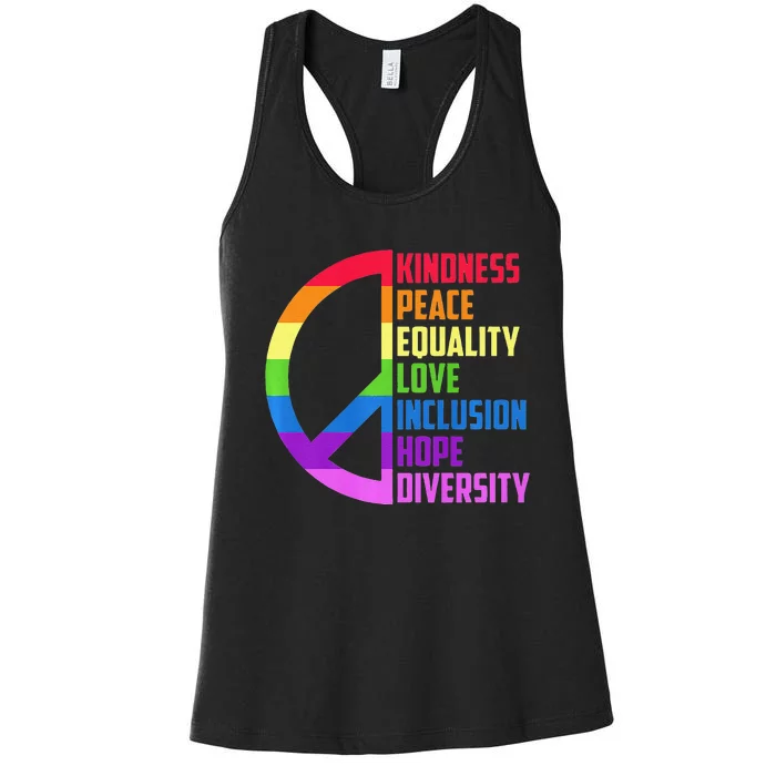 Kindness Peace Equality Love Inclusion Hope Diversity Women's Racerback Tank