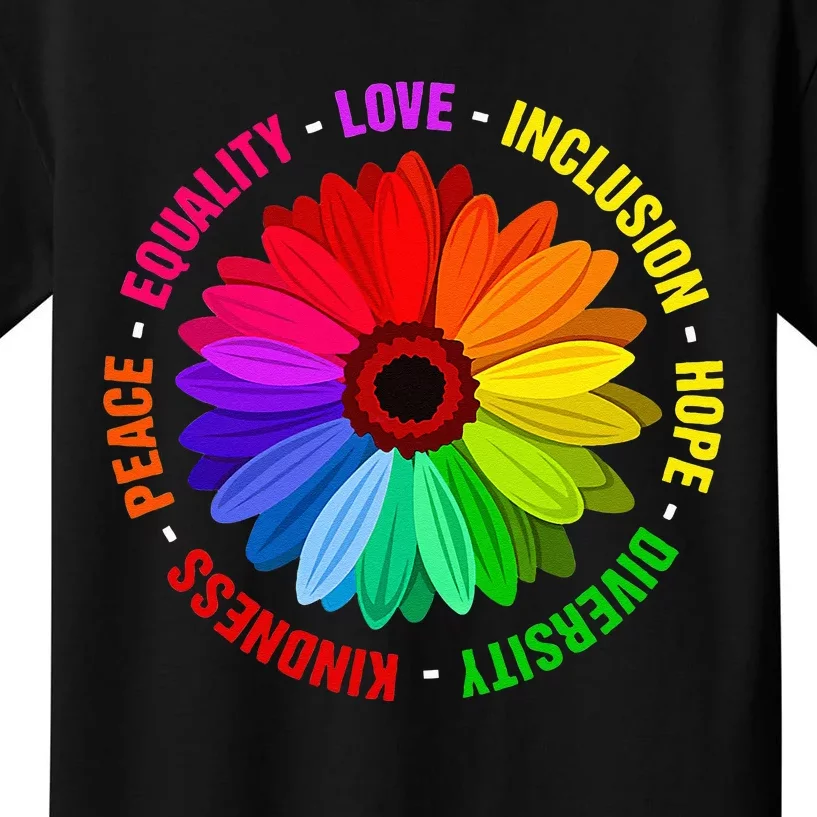 Kindness Peace Equality Love Inclusion Hope Diversity Kids T-Shirt