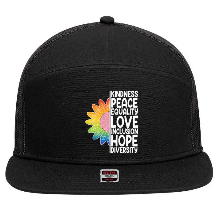 Kidness Peace Equality Love Inclusion Hope Diversity 7 Panel Mesh Trucker Snapback Hat