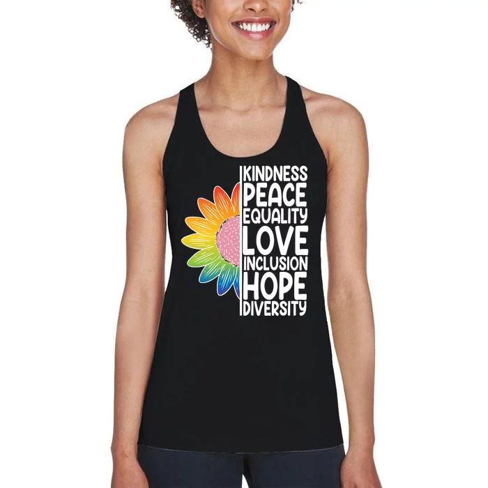 Kidness Peace Equality Love Inclusion Hope Diversity Women's Racerback Tank