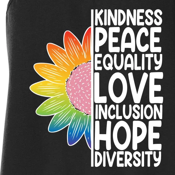 Kidness Peace Equality Love Inclusion Hope Diversity Women's Racerback Tank