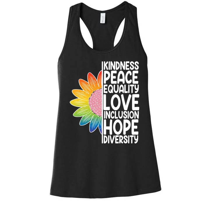 Kidness Peace Equality Love Inclusion Hope Diversity Women's Racerback Tank