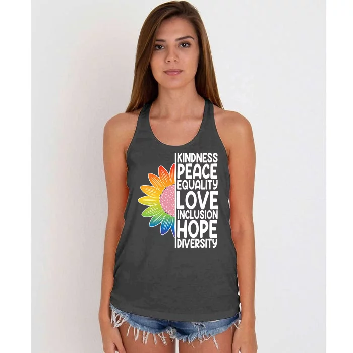 Kidness Peace Equality Love Inclusion Hope Diversity Women's Knotted Racerback Tank