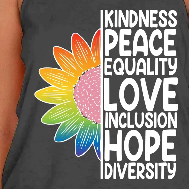 Kidness Peace Equality Love Inclusion Hope Diversity Women's Knotted Racerback Tank