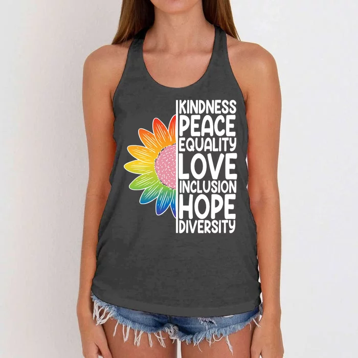 Kidness Peace Equality Love Inclusion Hope Diversity Women's Knotted Racerback Tank