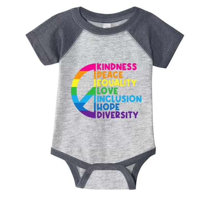 Kindness Peace Equality Love Inclusion Hope Diversity Infant Baby Jersey Bodysuit