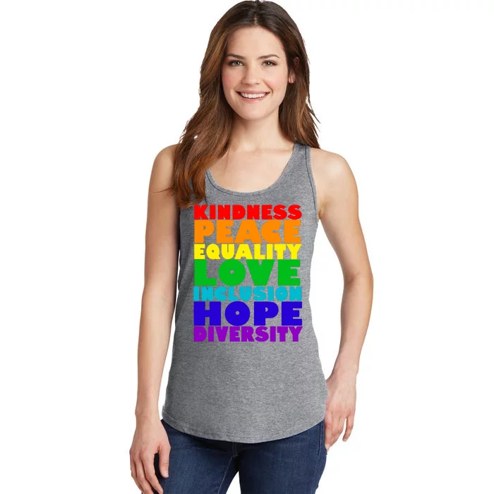 Kindness Peace Equality Love Inclusion Hope Diversity Ladies Essential Tank