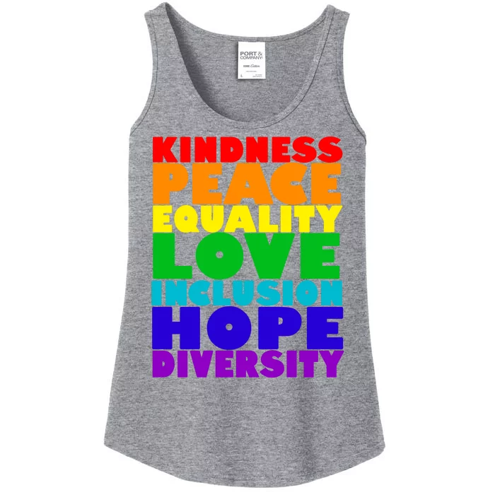 Kindness Peace Equality Love Inclusion Hope Diversity Ladies Essential Tank