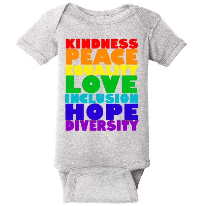 Kindness Peace Equality Love Inclusion Hope Diversity Baby Bodysuit