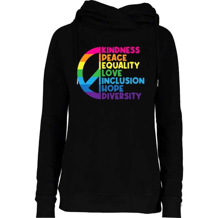 Kindness Peace Equality Love Inclusion Hope Diversity Womens Funnel Neck Pullover Hood