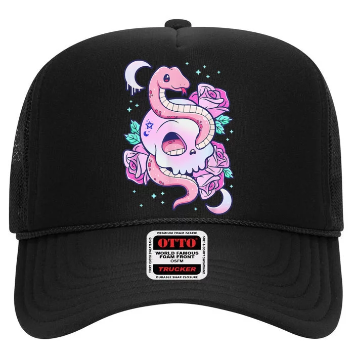 Kawaii Pastel Goth Cute Creepy Skull Serpent Snake Roses High Crown Mesh Trucker Hat