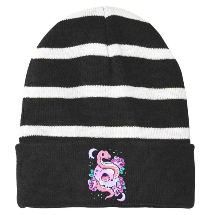 Kawaii Pastel Goth Cute Creepy Skull Serpent Snake Roses Striped Beanie with Solid Band