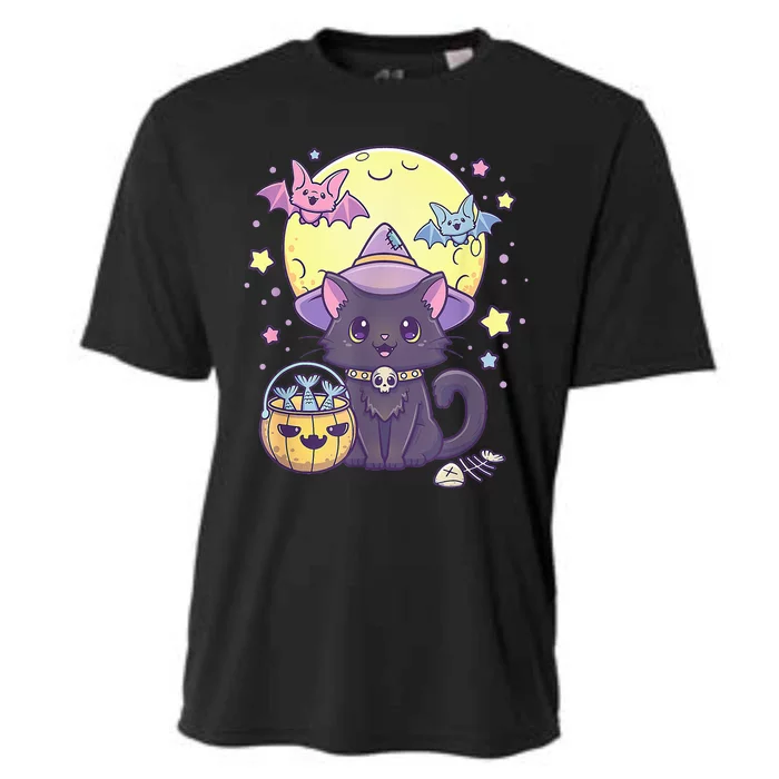 Kawaii Pastel Goth Cute Creepy Halloween Black Cat Witch Hat Cooling Performance Crew T-Shirt