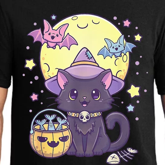 Kawaii Pastel Goth Cute Creepy Halloween Black Cat Witch Hat Pajama Set