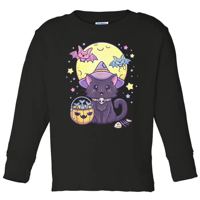 Kawaii Pastel Goth Cute Creepy Halloween Black Cat Witch Hat Toddler Long Sleeve Shirt