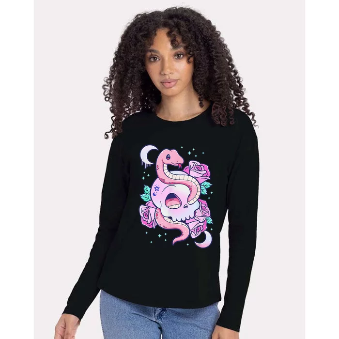 Kawaii Pastel Goth Cute Creepy Skull Serpent Snake Roses Womens Cotton Relaxed Long Sleeve T-Shirt