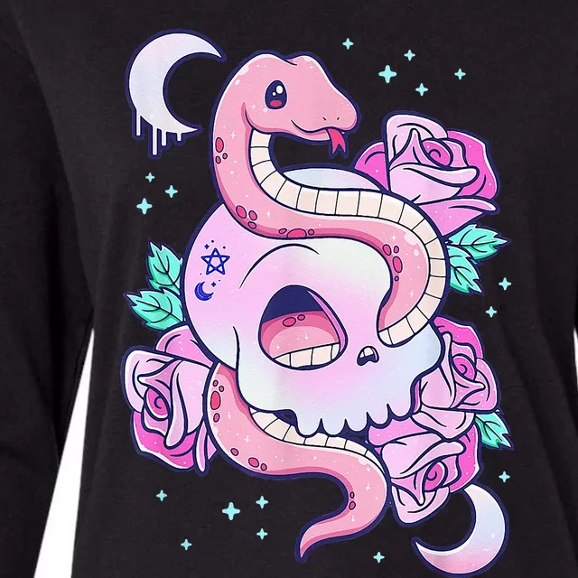 Kawaii Pastel Goth Cute Creepy Skull Serpent Snake Roses Womens Cotton Relaxed Long Sleeve T-Shirt