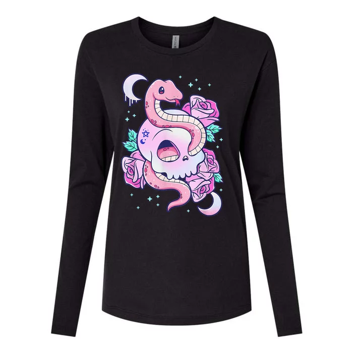 Kawaii Pastel Goth Cute Creepy Skull Serpent Snake Roses Womens Cotton Relaxed Long Sleeve T-Shirt