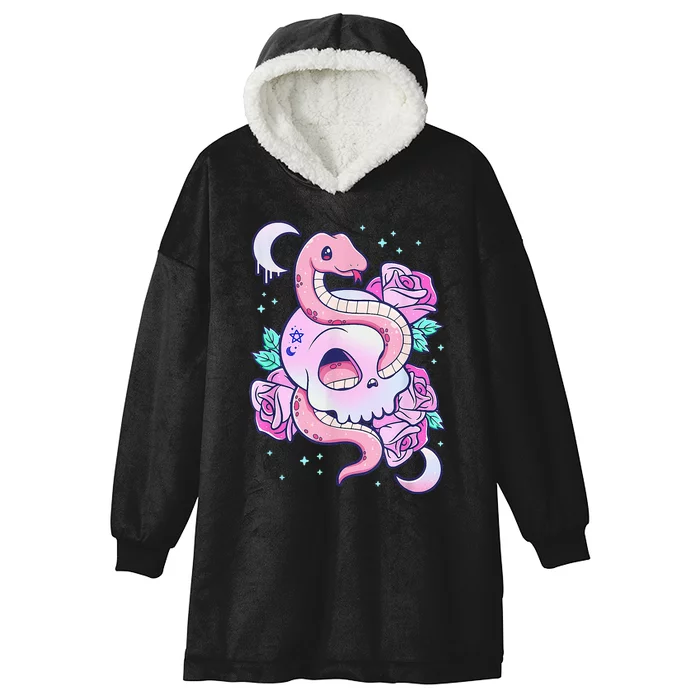 Kawaii Pastel Goth Cute Creepy Skull Serpent Snake Roses Hooded Wearable Blanket