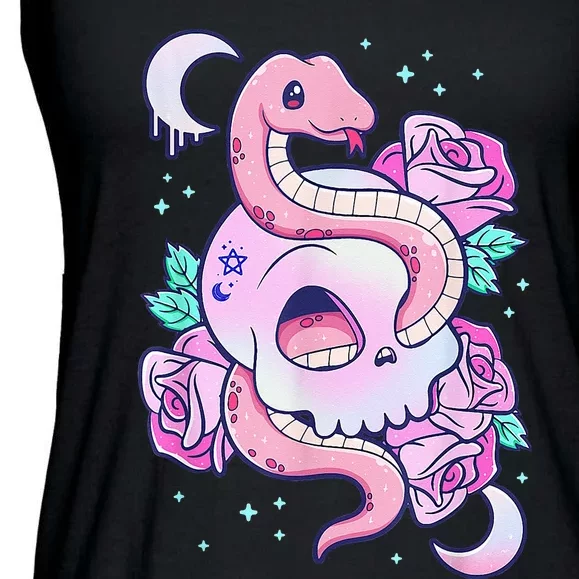 Kawaii Pastel Goth Cute Creepy Skull Serpent Snake Roses Ladies Essential Flowy Tank