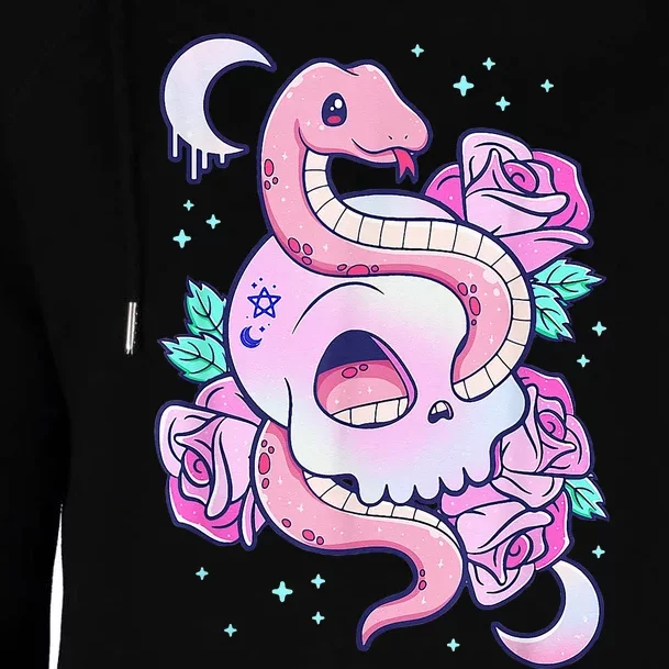 Kawaii Pastel Goth Cute Creepy Skull Serpent Snake Roses Womens Funnel Neck Pullover Hood