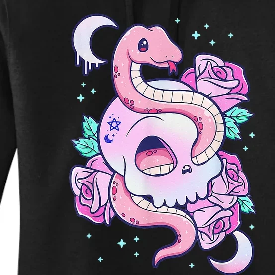 Kawaii Pastel Goth Cute Creepy Skull Serpent Snake Roses Women's Pullover Hoodie