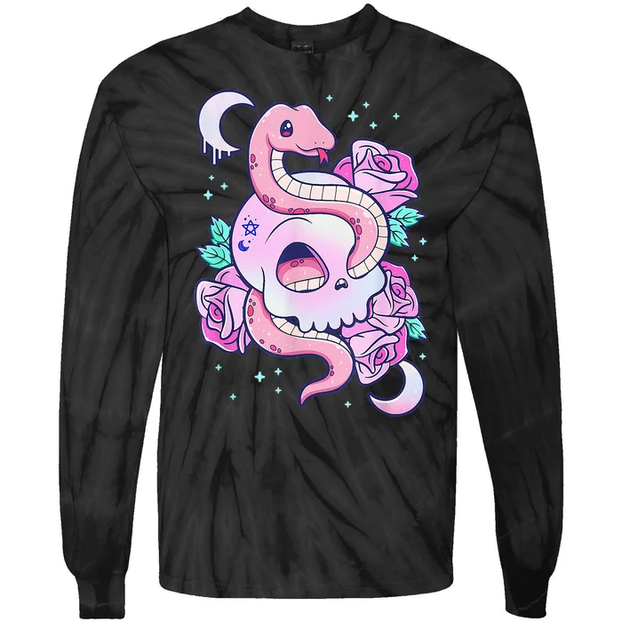 Kawaii Pastel Goth Cute Creepy Skull Serpent Snake Roses Tie-Dye Long Sleeve Shirt