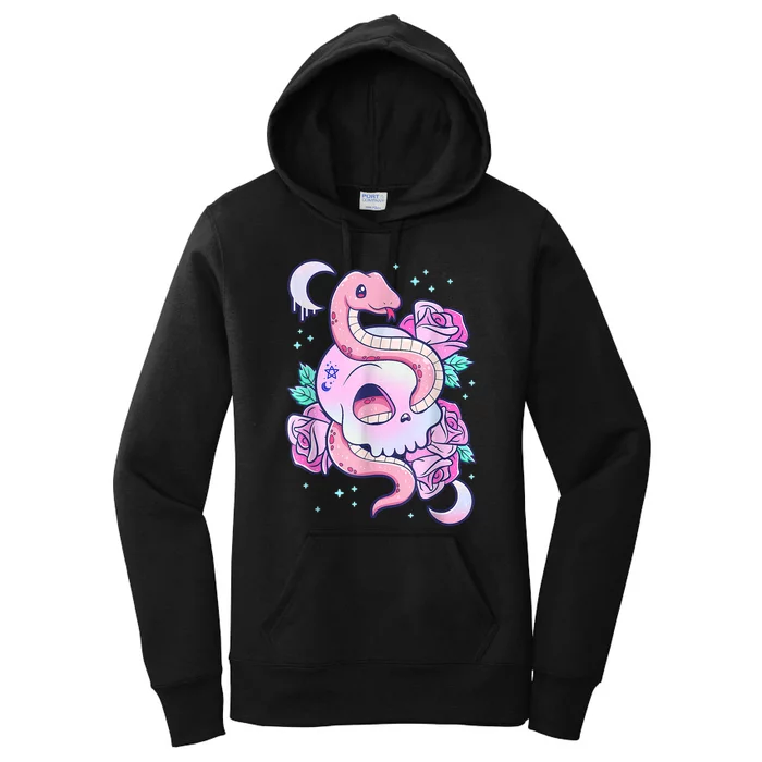 Kawaii Pastel Goth Cute Creepy Skull Serpent Snake Roses Women's Pullover Hoodie