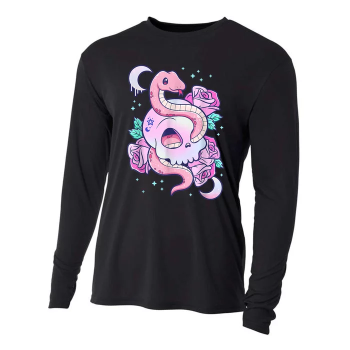 Kawaii Pastel Goth Cute Creepy Skull Serpent Snake Roses Cooling Performance Long Sleeve Crew