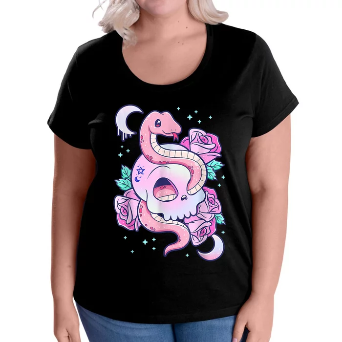 Kawaii Pastel Goth Cute Creepy Skull Serpent Snake Roses Women's Plus Size T-Shirt