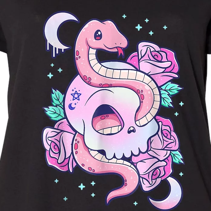 Kawaii Pastel Goth Cute Creepy Skull Serpent Snake Roses Women's Plus Size T-Shirt