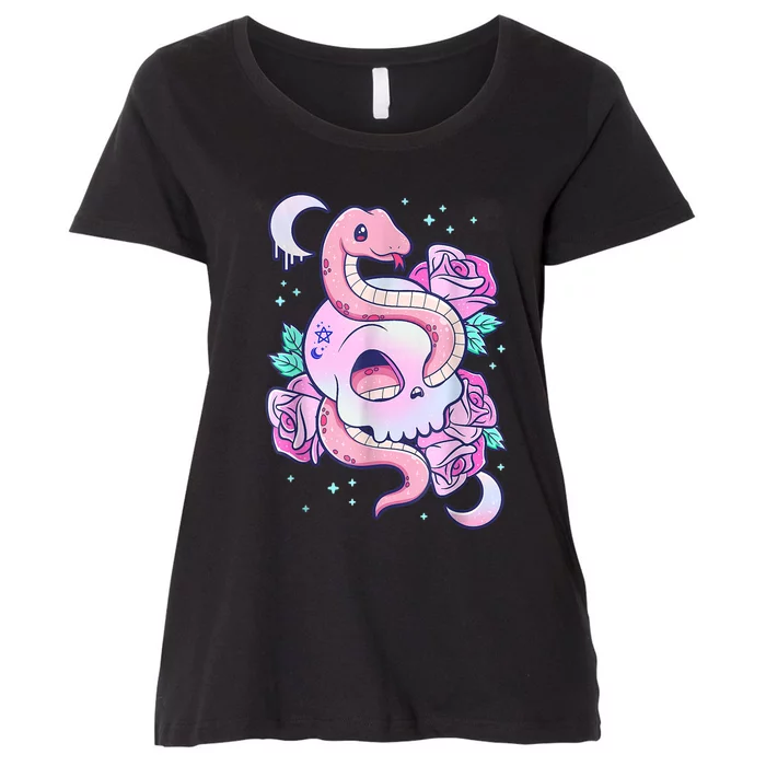 Kawaii Pastel Goth Cute Creepy Skull Serpent Snake Roses Women's Plus Size T-Shirt