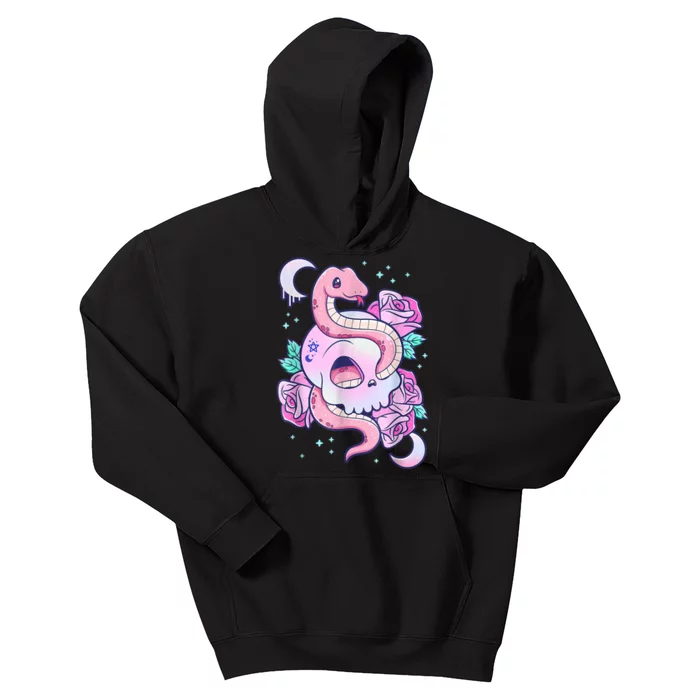 Kawaii Pastel Goth Cute Creepy Skull Serpent Snake Roses Kids Hoodie