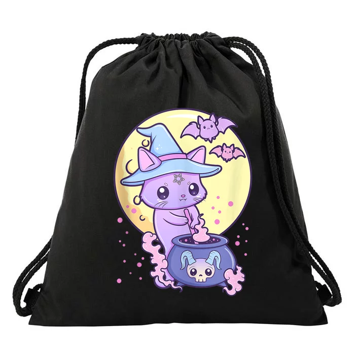 Kawaii Pastel Goth Cute Creepy Witch Cat Wicca Drawstring Bag