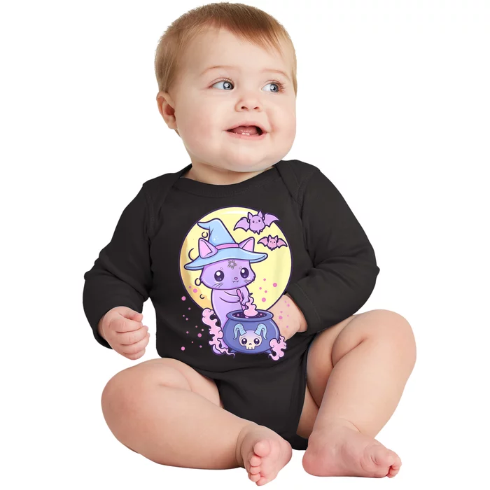 Kawaii Pastel Goth Cute Creepy Witch Cat Wicca Baby Long Sleeve Bodysuit