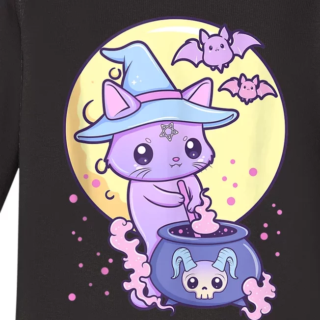 Kawaii Pastel Goth Cute Creepy Witch Cat Wicca Baby Long Sleeve Bodysuit