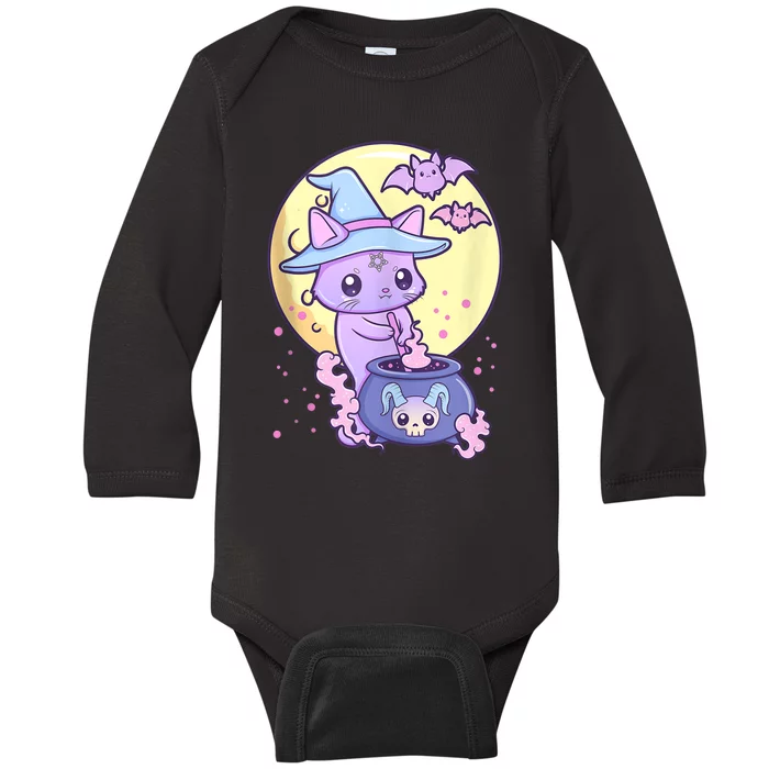 Kawaii Pastel Goth Cute Creepy Witch Cat Wicca Baby Long Sleeve Bodysuit