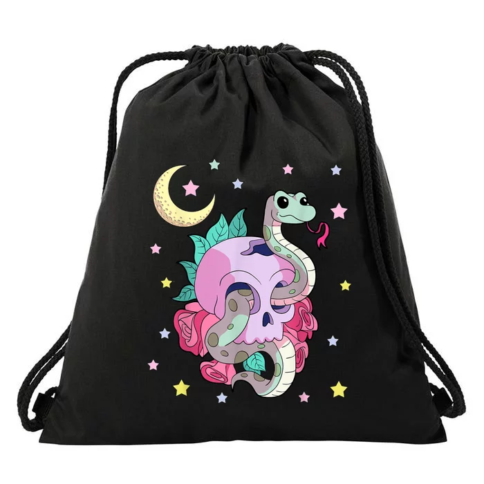 Kawaii Pastel Goth Witchy Skull With Cute Creepy Snake Drawstring Bag