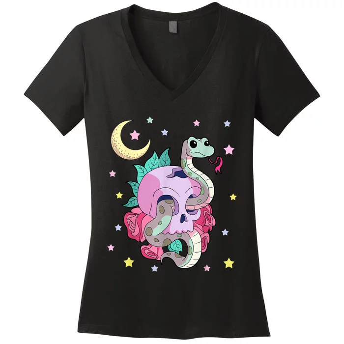 Kawaii Pastel Goth Witchy Skull With Cute Creepy Snake Women's V-Neck T-Shirt