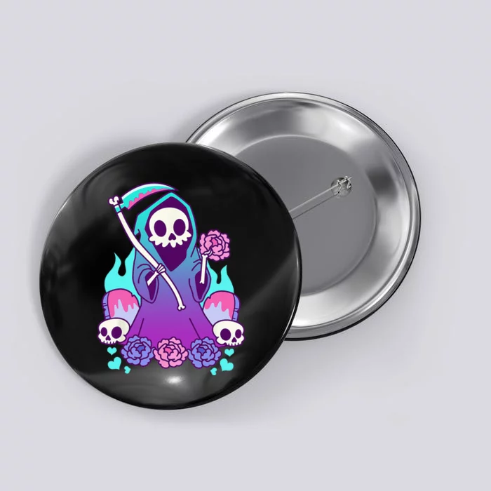 Kawaii Pastel Goth Grim Reaper With Roses Button