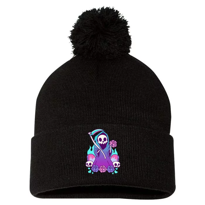 Kawaii Pastel Goth Grim Reaper With Roses Pom Pom 12in Knit Beanie