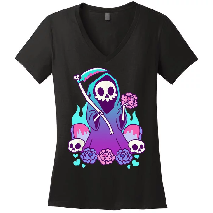 Kawaii Pastel Goth Grim Reaper With Roses Women's V-Neck T-Shirt