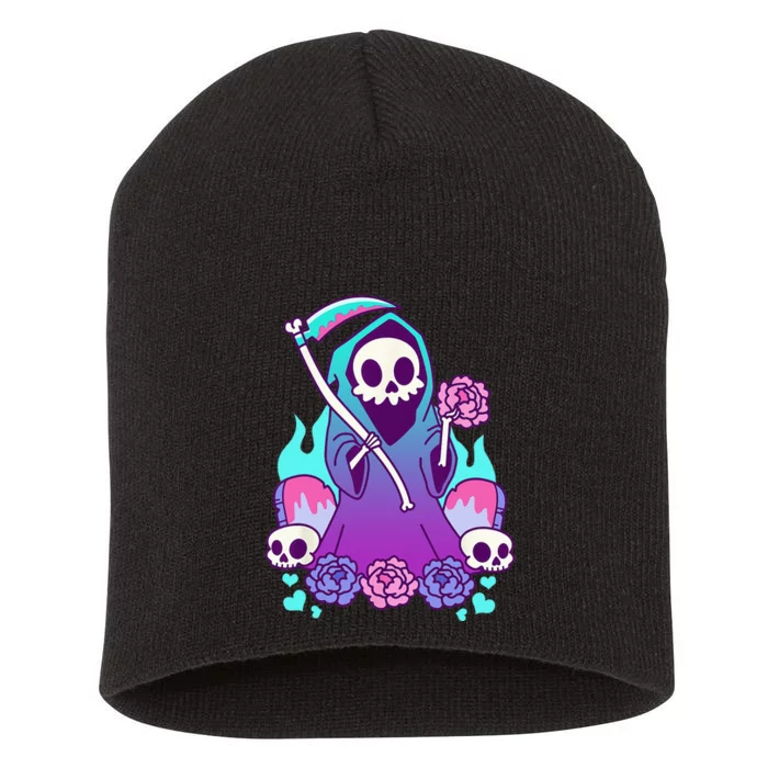 Kawaii Pastel Goth Grim Reaper With Roses Short Acrylic Beanie