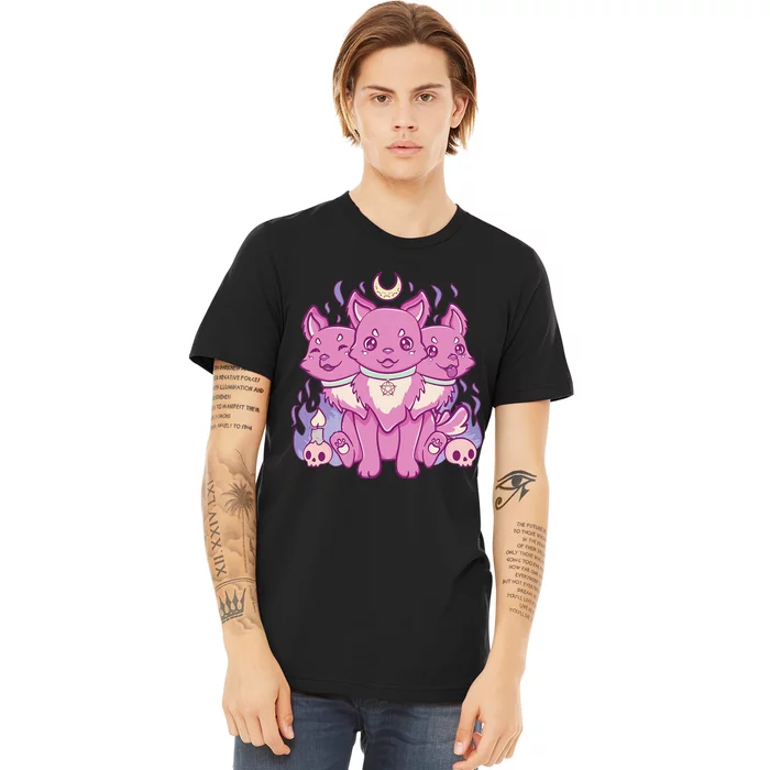 Kawaii Pastel Goth Cute Creepy 3 Headed Dog Anime Skull Moon Premium T-Shirt