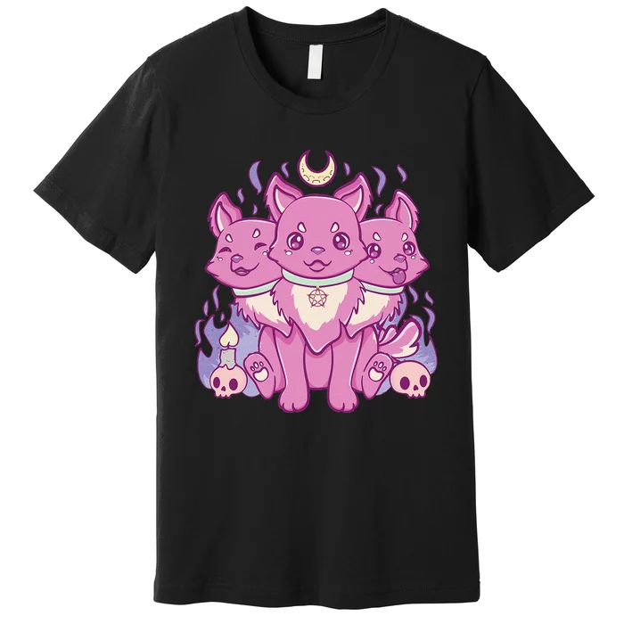 Kawaii Pastel Goth Cute Creepy 3 Headed Dog Anime Skull Moon Premium T-Shirt