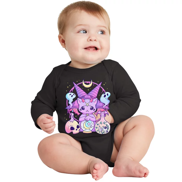 Kawaii Pastel Goth Cute Creepy Pentagram Cat Baby Long Sleeve Bodysuit