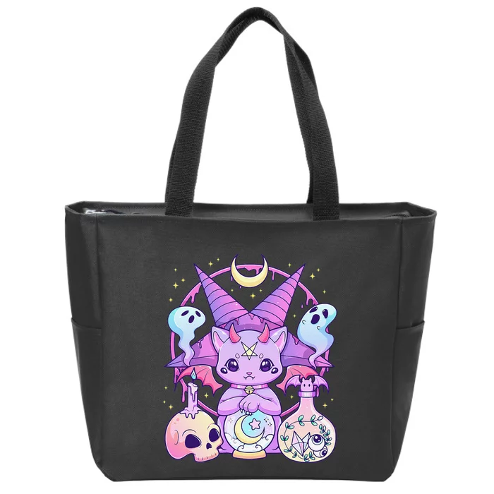 Kawaii Pastel Goth Cute Creepy Pentagram Cat Zip Tote Bag