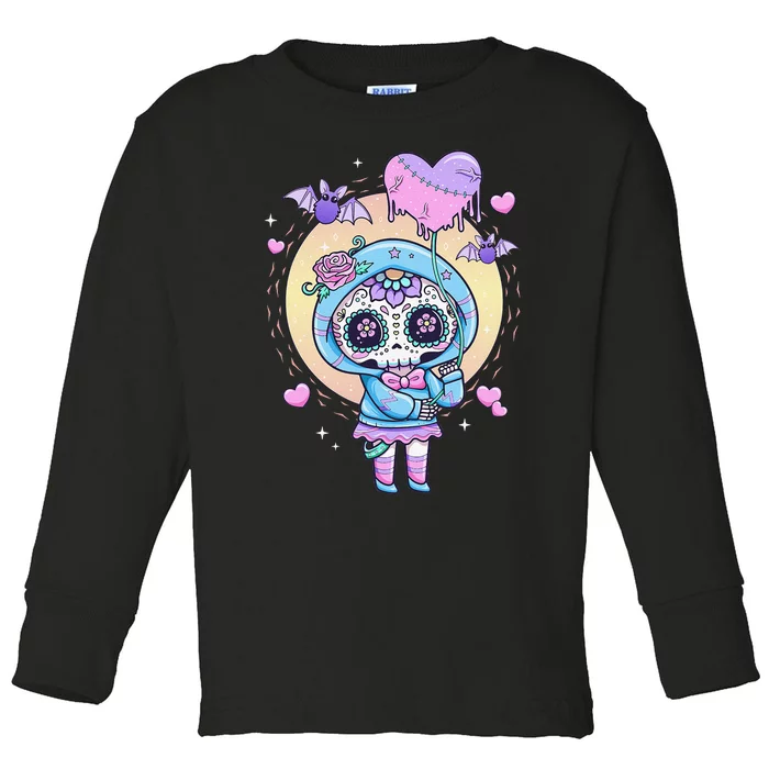 Kawaii Pastel Goth Cute Creepy Sugar Skull Day Of The Death Toddler Long Sleeve Shirt