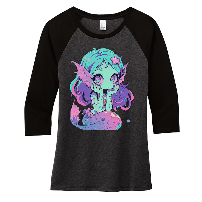 Kawaii Pastel Goth Creepy Cute Witchy Zombie Mermaid Women's Tri-Blend 3/4-Sleeve Raglan Shirt